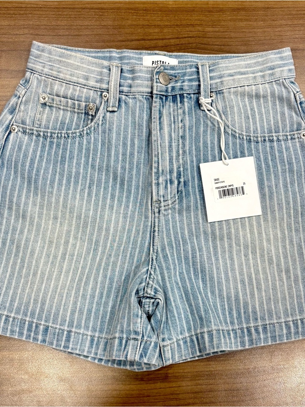 Pistola Light Blue & White Vertical Stripe High-Rise Denim Shorts